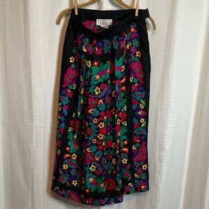 Carlisle Black Multicolor Embroidered Pencil Skirt in SILK with Pleats